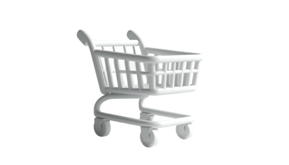 A 3D rendered, white shopping cart with shadows against a black background