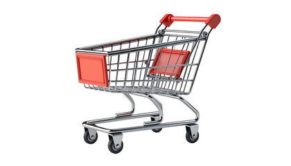 A red-accented chrome shopping cart isolated against a black background
