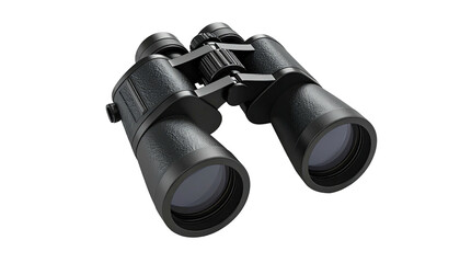 Black binoculars with rubberized grip and lenses, against a black background