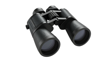Black binoculars with rubberized grip and lenses, against a black background