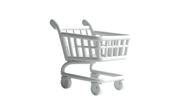 A 3D rendered, white shopping cart with shadows against a black background