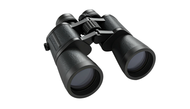 Black binoculars with rubberized grip and lenses, against a black background