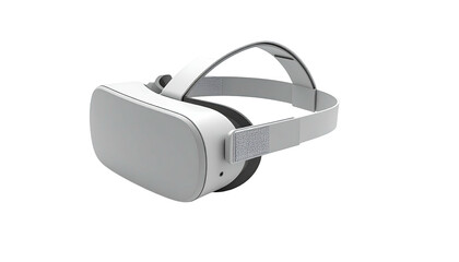 A sleek, modern virtual reality headset, gray and white, angled view, isolated