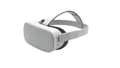 A sleek, modern virtual reality headset, gray and white, angled view, isolated