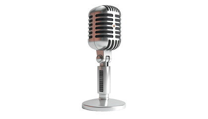 A chrome-colored, vintage microphone stands out against a plain black background