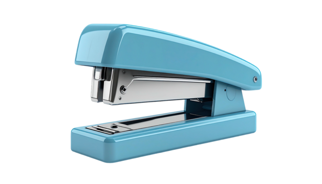 A close-up shot of a robin's egg blue stapler with a chrome component