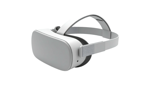 A sleek, modern virtual reality headset, gray and white, angled view, isolated