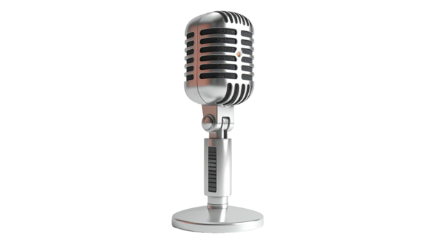 A chrome-colored, vintage microphone stands out against a plain black background - Powered by Adobe