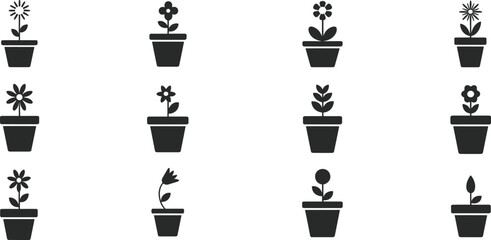 Collection of potted flower silhouette icons featuring various blooming plants in minimalist black vector style for botanical illustrations, decoration, gardening, and design projects