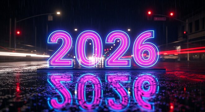 Vibrant neon 2026 year sign illuminated at night reflecting on wet city streets with streaks of light