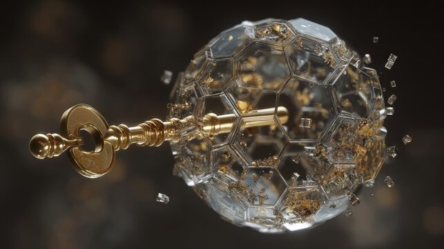 A golden key with a crystal ball inside, floating in mid-air with a blurred background.