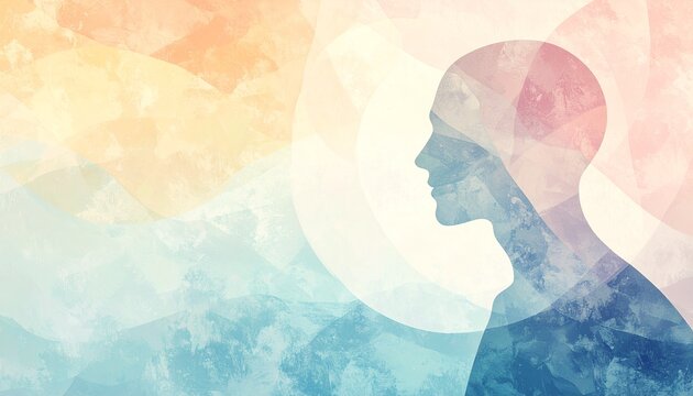 柔らかな色の重なりから男性横顔シルエットが浮かび上がる抽象イメージ。思考の静けさや内面世界、深い集中と精神的な豊かさを表現した、繊細でアーティスティックな背景素材。