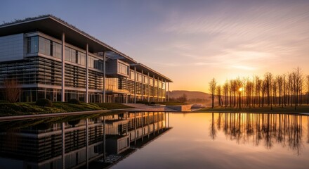 Modern office building with a green roof and reflecting pool during a golden sunrise.