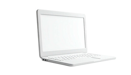 White laptop computer, open, angled, on black background