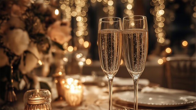 Two sparkling drinks sit on a beautifully set table illuminated by soft candlelight Generative AI - Powered by Adobe