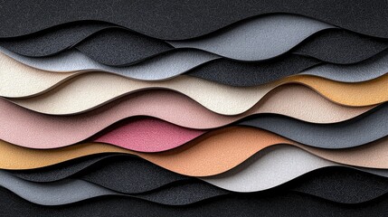 Abstract background composed of multiple wavy layers of textured material in various neutral and pastel colors, creating a sense of depth and flow.