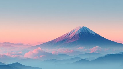A majestic Mount Fuji, covered in snow, stands against a backdrop of pink and blue hues, with a layer of clouds and mist in the foreground.