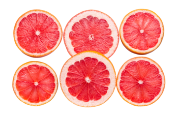Collection of perfectly sliced ruby red grapefruit halves displaying vibrant color and juicy segmented pulp arranged symmetrically for healthy eating concepts and food supplement promotion