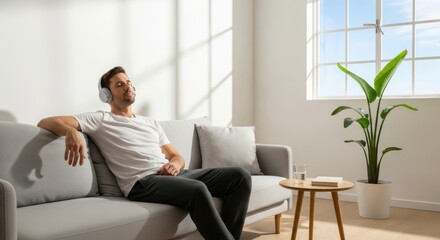 Peaceful man with closed eyes listening to music on headphones while relaxing on a sofa in a bright, modern living room.