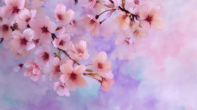A branch of cherry blossoms with pink and white flowers against a soft, pastel-colored background.