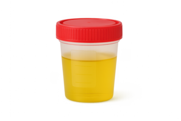 Urine sample cup with liquid for medical diagnostic test
