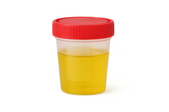 Urine sample cup with liquid for medical diagnostic test