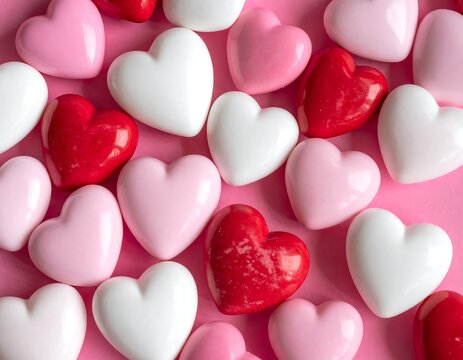 Assorted colorful heart-shaped candies scattered on a pink surface