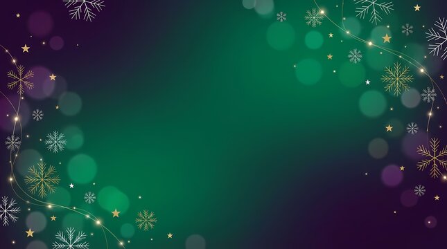 Festive green and purple gradient background with snowflakes, stars, and bokeh lights - Powered by Adobe