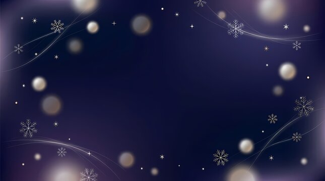 Dark blue background with glowing snowflakes and bokeh lights forming a festive border