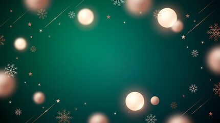 Festive green background with glowing orbs, snowflakes, and stars