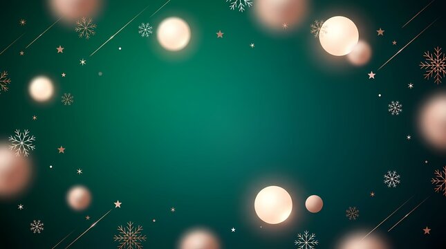 Festive green background with glowing orbs, snowflakes, and stars