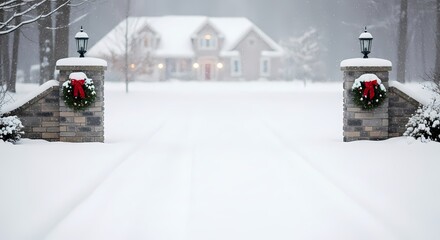 Snow-covered driveway leading to a house with festive wreaths on stone pillars