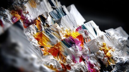Close-up view of thick, impasto paint layers with vibrant colors like yellow, orange, pink, and blue, set against a dark background.