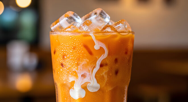 Close-up of a refreshing glass of Thai iced tea with ice cubes and a swirl of condensed milk, served in a cafe setting. - Powered by Adobe