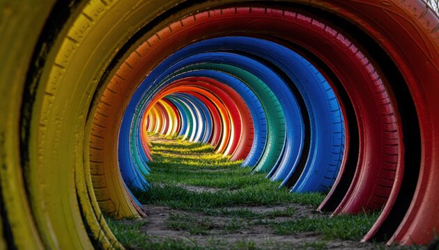 Vibrant Rainbow Colored Stacked Recycled Tires Forming Play Tunnel on Grassy Outdoor Playground Path - Powered by Adobe