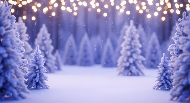 Snow-covered pine trees in a winter forest with glowing lights in the background