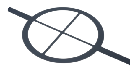 Abstract dark grey circular symbol with intersecting lines, isolated on transparent background