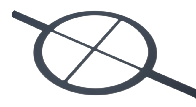 Abstract dark grey circular symbol with intersecting lines, isolated on transparent background