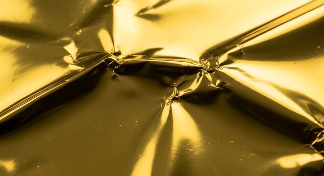 Close up abstract macro photograph of crumpled gold foil with dramatic lighting and deep shadows