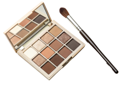 Professional makeup palette with neutral eyeshadow shades and a fluffy brush, ideal for cosmetic product promotion, beauty tutorials, and online retail displays.