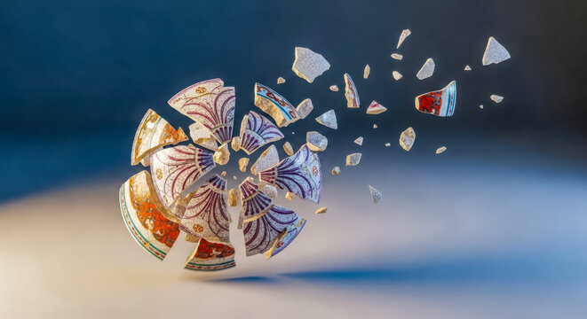 Abstract explosion of a colorful patterned sphere into fragments