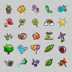 Colorful hand-drawn spring icons featuring flowers, plants, butterflies, leaves, rainbow, sun, birds, balloons, and gardening elements. Cute doodle illustration perfect for stickers and design.
