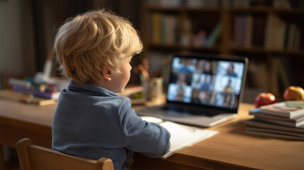 A curly-haired boy sits at his desk, intently focused on his laptop and surrounded by books Generative AI