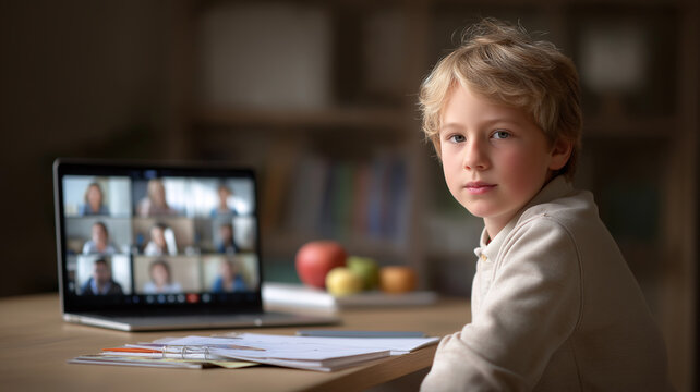 A young boy studies hard with books and fruit, engaged in online learning Generative AI