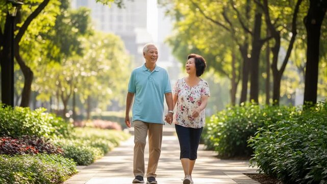 Happy Senior Couple Walking Together in a Sunny Park