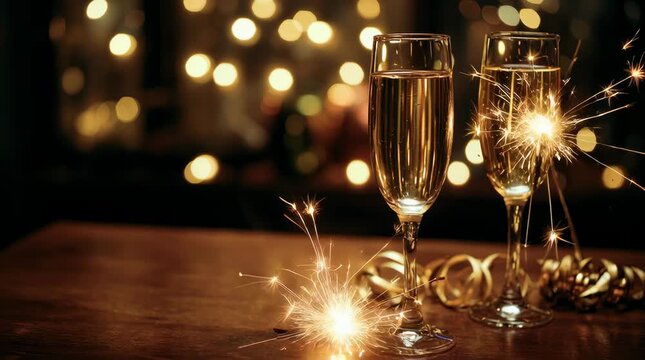 pleasant evening on new years eve. Celebrating nye with sparklers and champagne. Closeup on champagne and sparkles. In dark room decorated with new years decoration where lights pop. It has a high-def