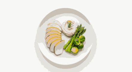 A top-down shot of a plate with sliced chicken, asparagus, and a creamy side.