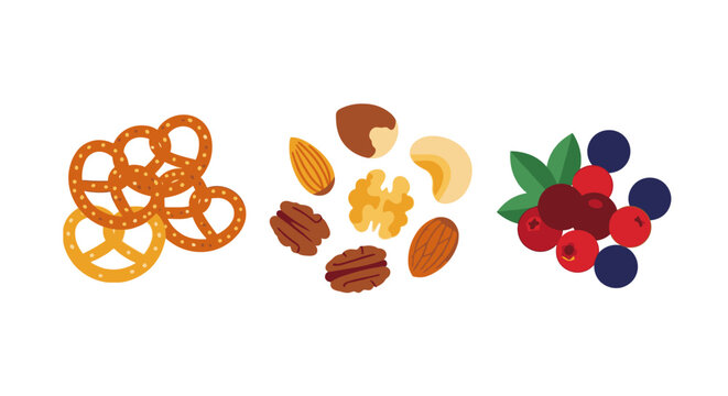 A collection of pretzels, nuts, and berries arranged on a white background.
