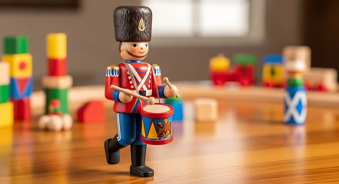 A vintage wooden toy soldier with a drum stands proudly amidst a colorful collection of children s building blocks