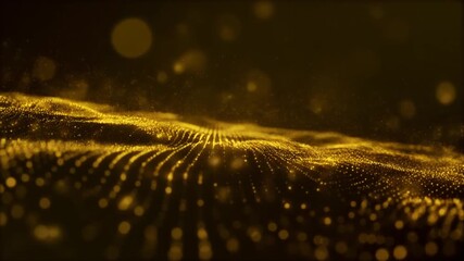 Elegant golden particle waves drifting in slow cinematic motion, soft depth-of-field bokeh, dark premium background, shimmering highlights, luxury abstract mood, smooth flow ideal for backgrounds and 